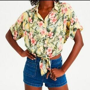 American Eagle Hawaiian Floral Tie Front Crop Top Yellow Women’s XS Oversized